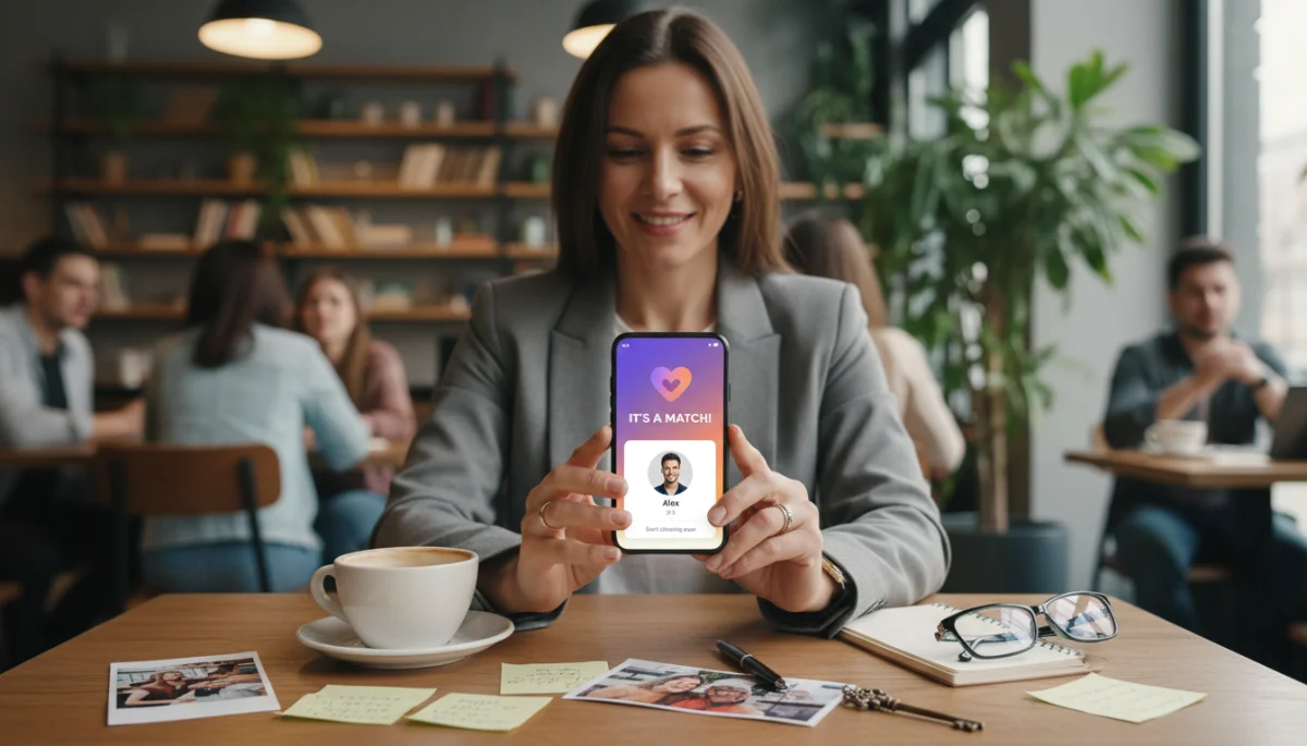 Persona mirando su smartphone con una notificación de match en Tinder, celebrando el éxito de su estrategia de perfil.
