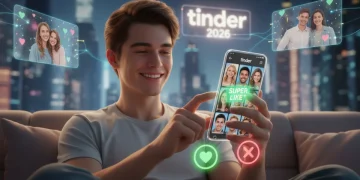 Mujer sonriente deslizando perfiles en su teléfono con la aplicación de Tinder, optimizando su experiencia de citas en línea en México.
