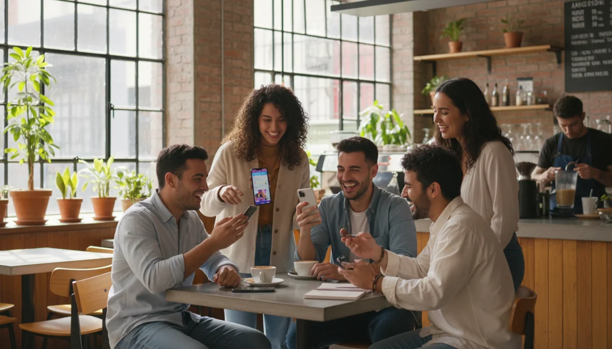 Jóvenes mexicanos interactuando con apps de citas en sus smartphones en un café moderno.