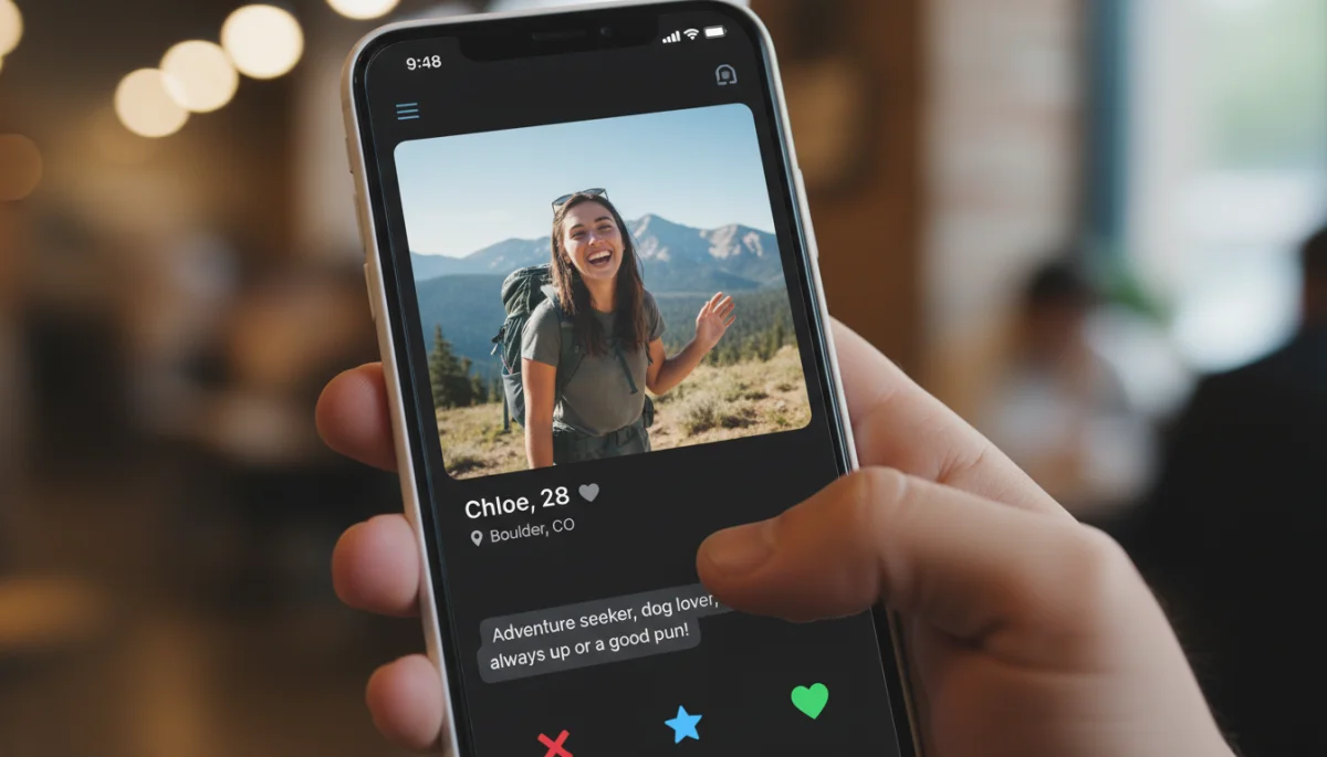 Pantalla de smartphone mostrando un perfil de app de citas con un video corto y atractivo.