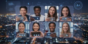 Jóvenes diversos usando videochat en sus teléfonos para citas en línea, con fondos urbanos y tecnología futurista.