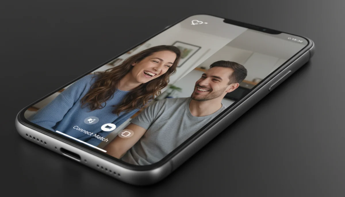 Pantalla de smartphone mostrando una videollamada entre dos personas sonriendo, estableciendo una conexión genuina en una app de citas.